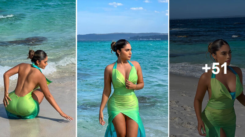 Bask in the radiant beauty of Maria Perez by the beach.